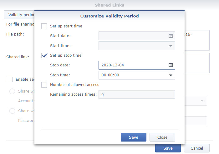 File Station Shared Link Validity Settings